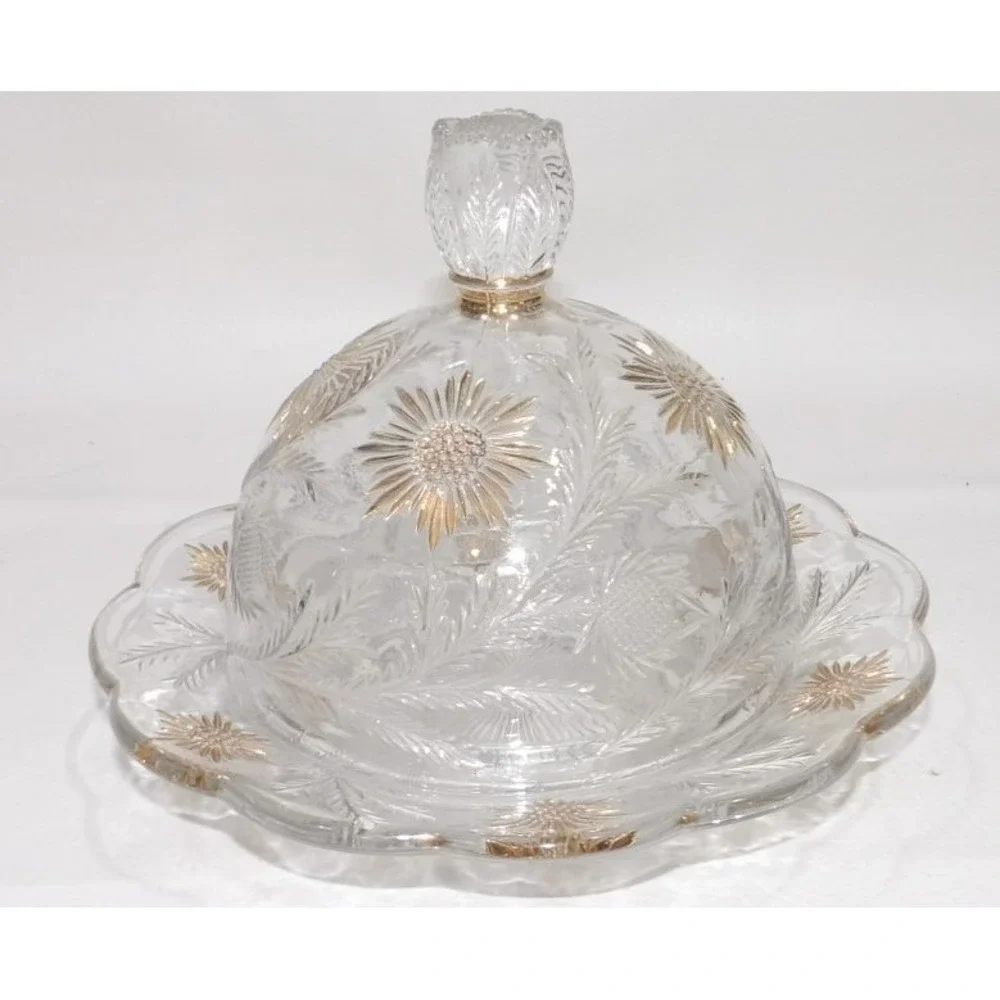 Vintage EAPG Glass Thistle Flowers with Gold Gild Domed Butter Cheese Dish
